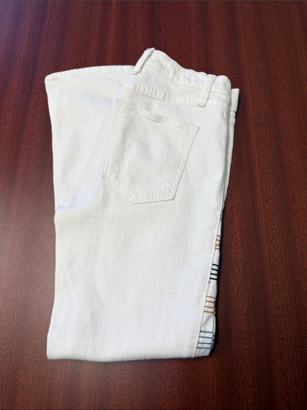 McGuire Denim White Straight Leg Jeans with Hem Stripe Detail, button fly